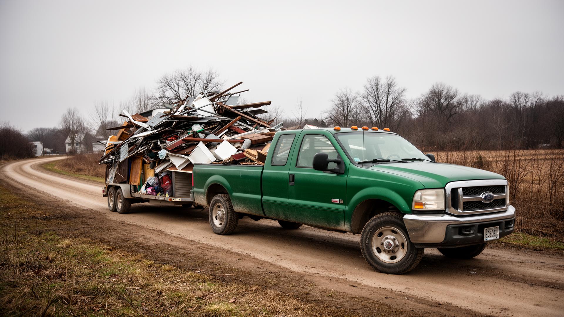 Vanmark green pickup hauling junk and scrap metal in rural Michigan